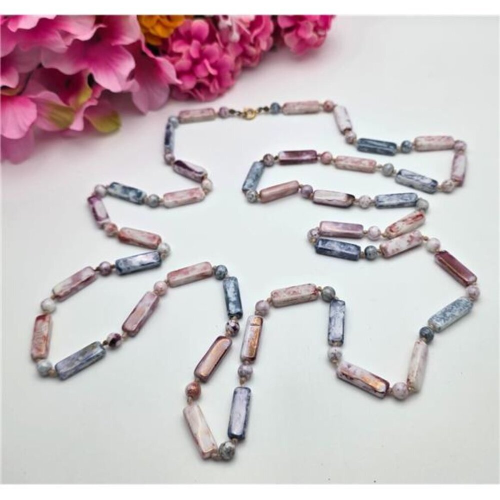 Vintage 50" Marbled Glass Bead Necklace Pink Purple Blue Peach Opera Flapper